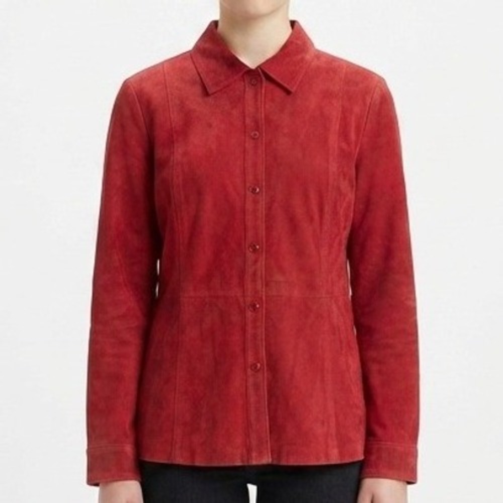 Investments Suede Leather Jacket Womens Large Red Pearl Snap Shacket